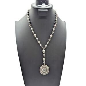 Chico's Silver Tone Metallic Crystal Gray Bead Y-Drop Medallion Pendant Necklace
